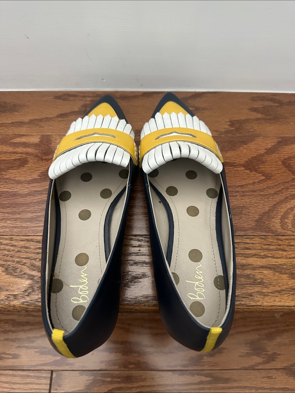 Boden Navy, Yellow and White Pointed Fringe Loafers